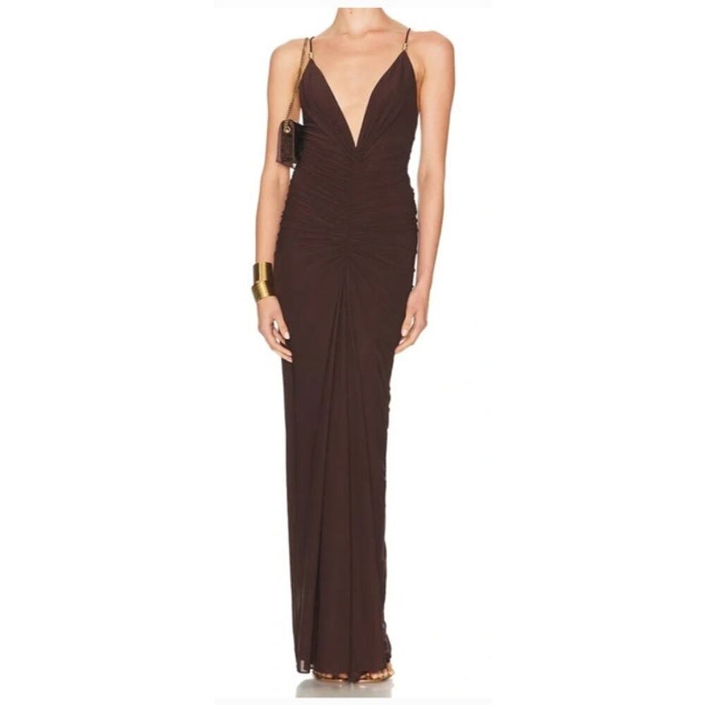 Ronny Kobo Anya Dress Sleeveless Plunge Neck Ruched Maxi Gown Basalt Brown M